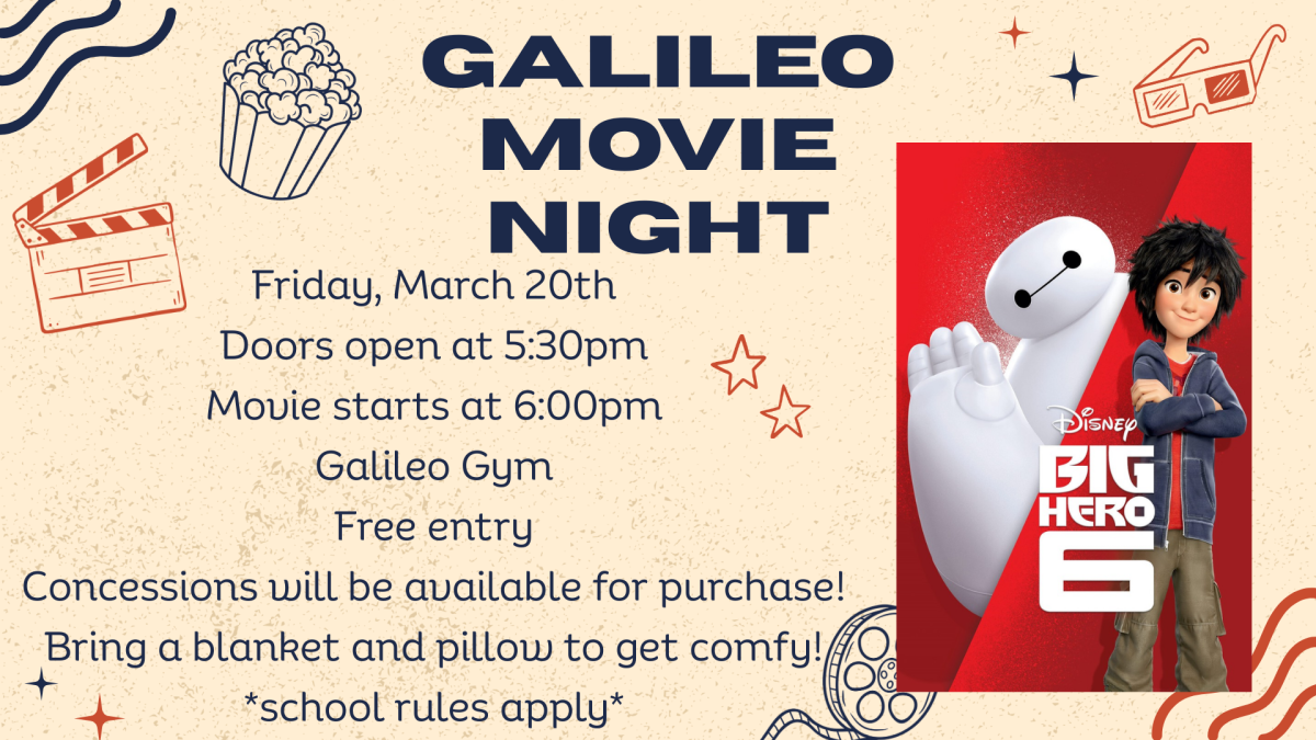 A Canva slide with information about Galileo's Movie night