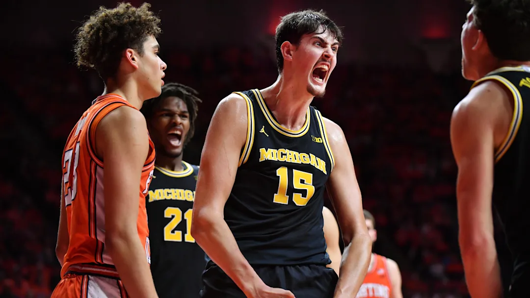 Michigan Wolverines center Aday Mara (15) reacts after scoring during the second half against the Illinois Fighting Illini at State Farm Center.